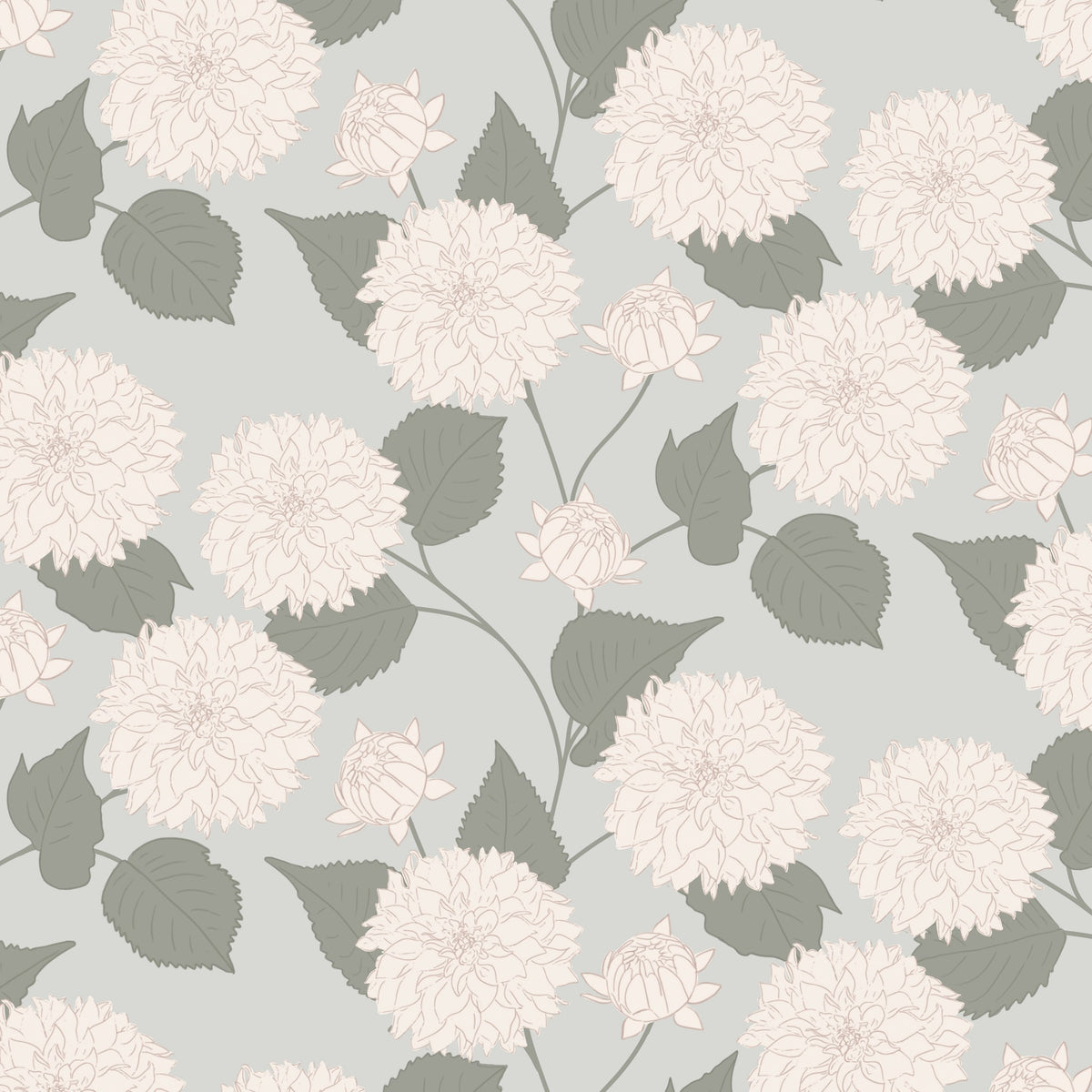 Sage background with cream and blush dahlia floral wallpaper pattern.