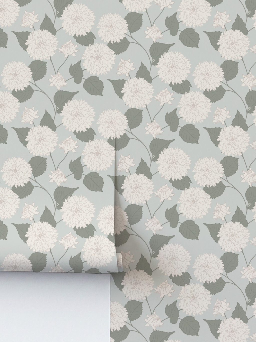 Dahlia Sage wallpaper with cream and blush floral pattern on a soft sage background.