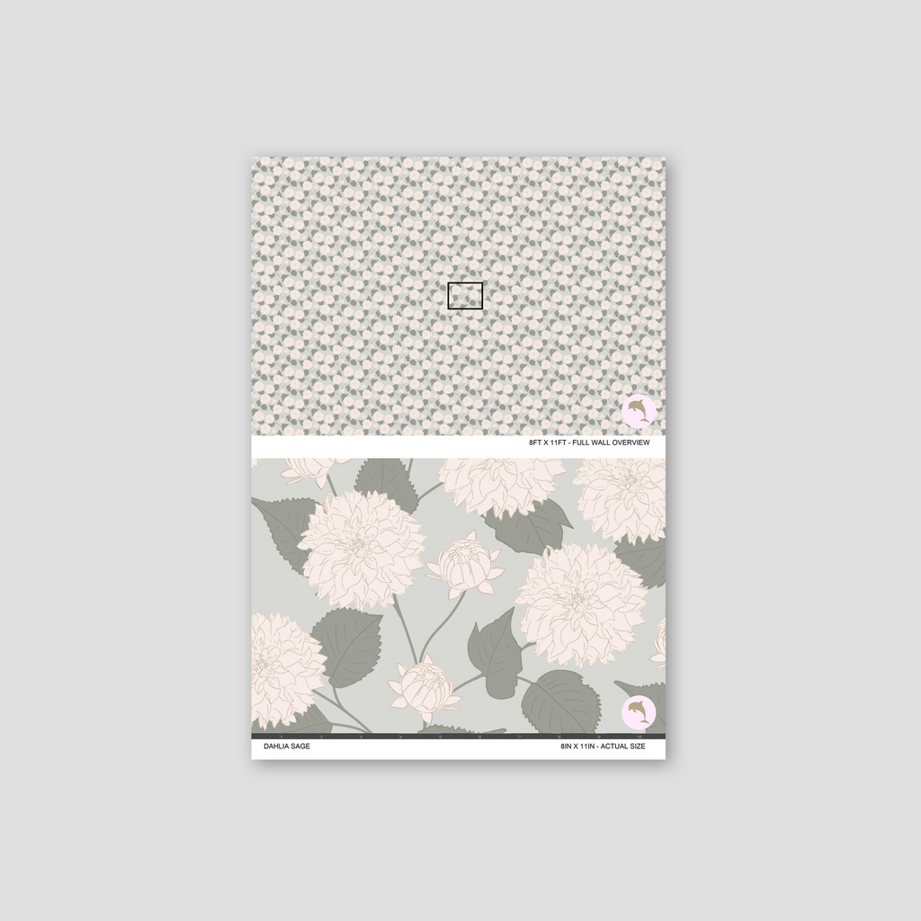Dahlia Sage wallpaper with cream and blush dahlia motifs on a sage background.