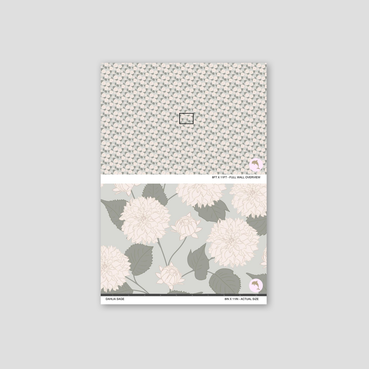 Dahlia Sage wallpaper with cream and blush dahlia motifs on a sage background.