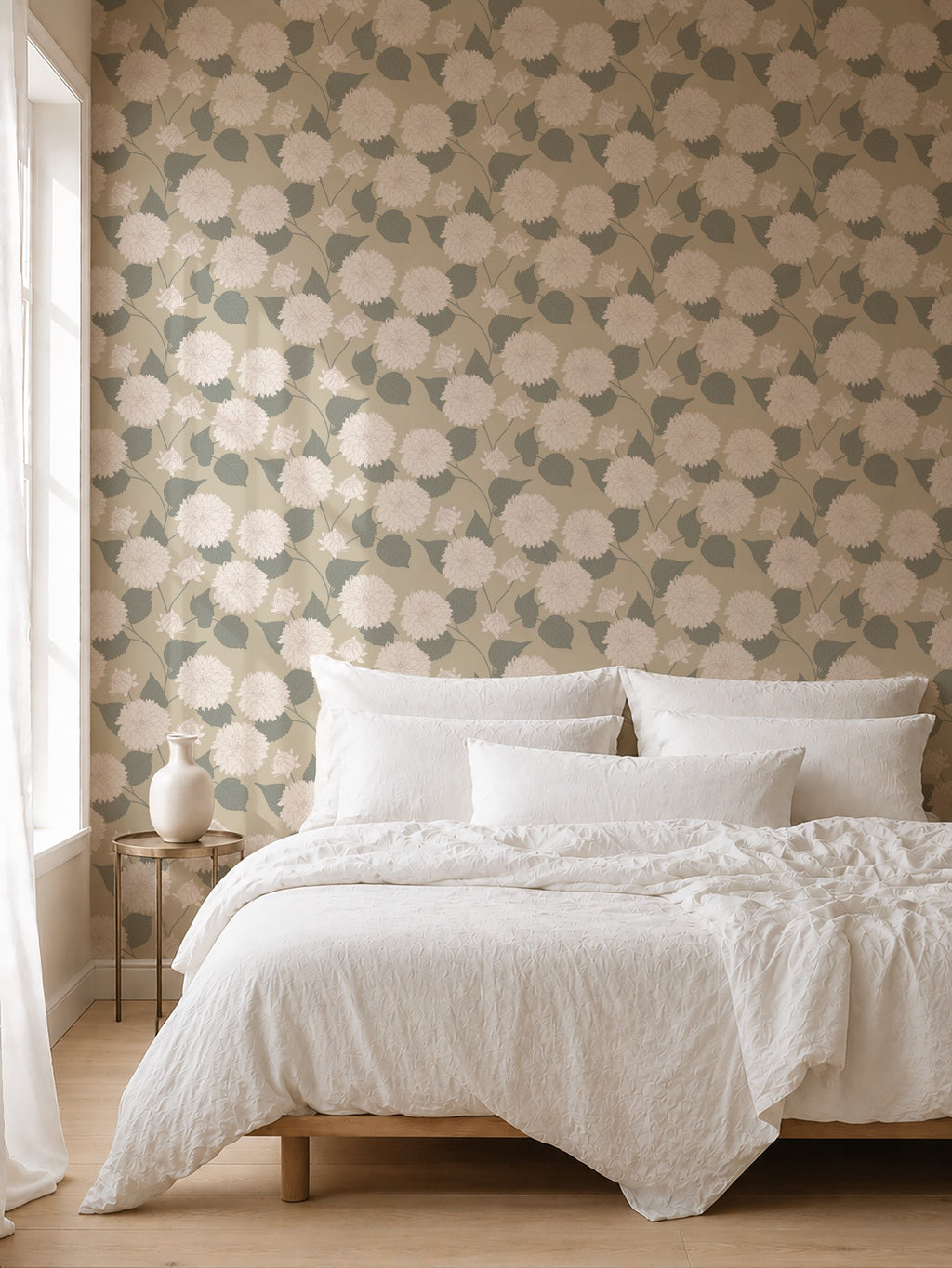 Dahlia Wheat wallpaper with floral pattern in serene bedroom setting.