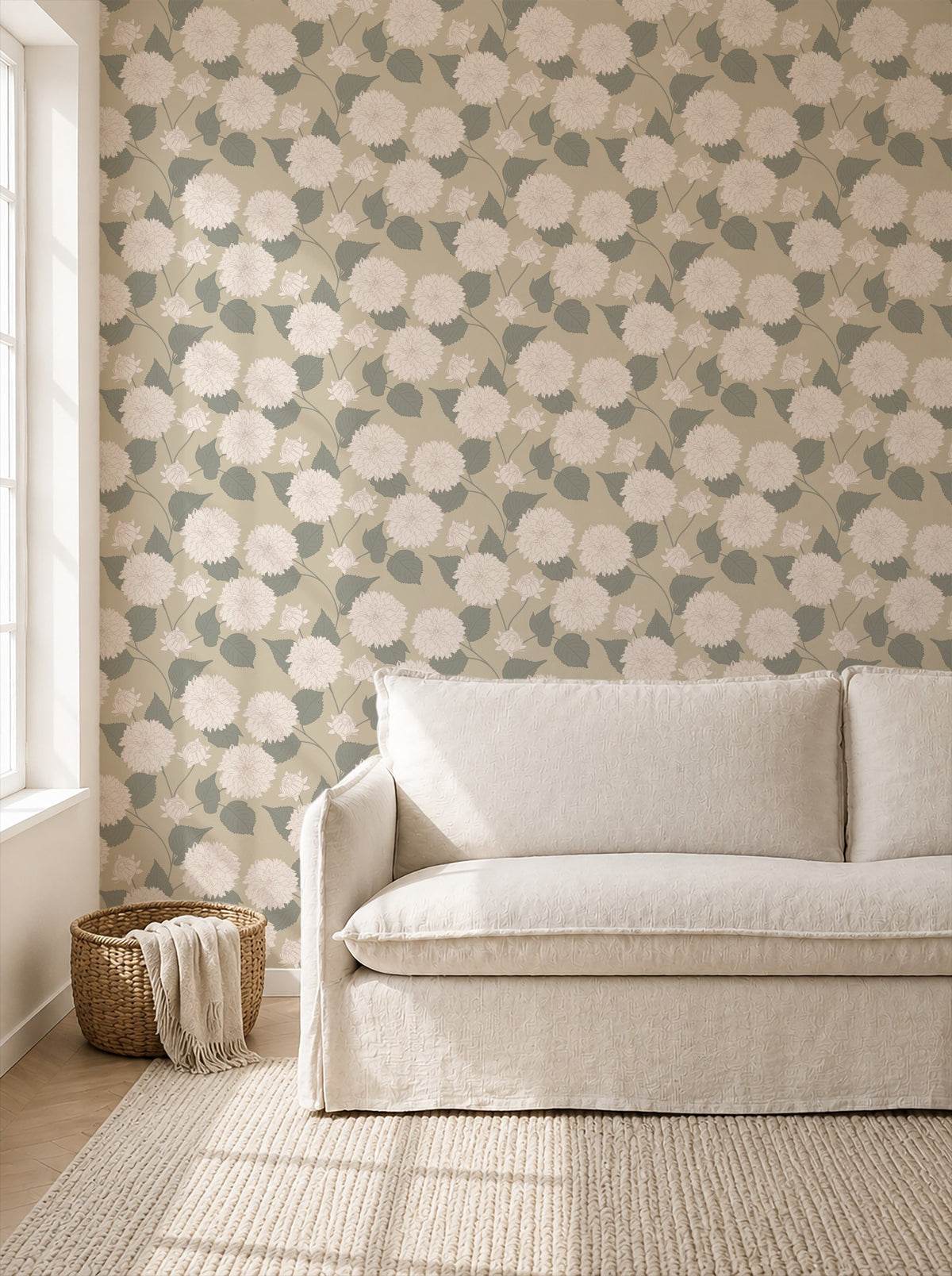 Dahlia Wheat floral wallpaper in serene living room with beige sofa.