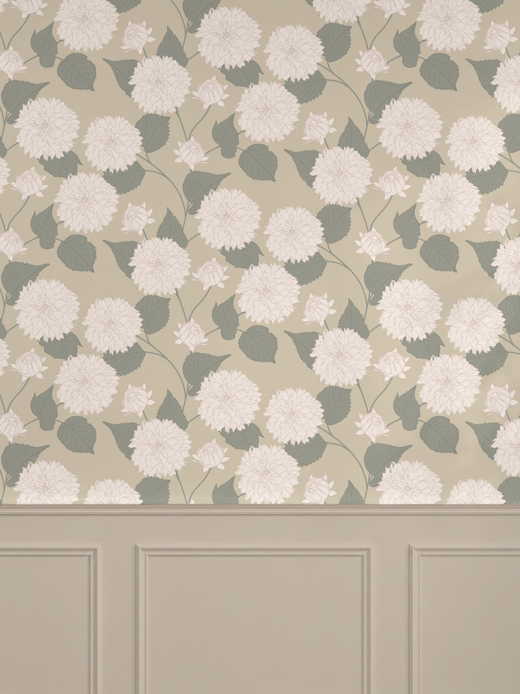 Dahlia Wheat wallpaper with floral pattern on muted background in elegant room setting.