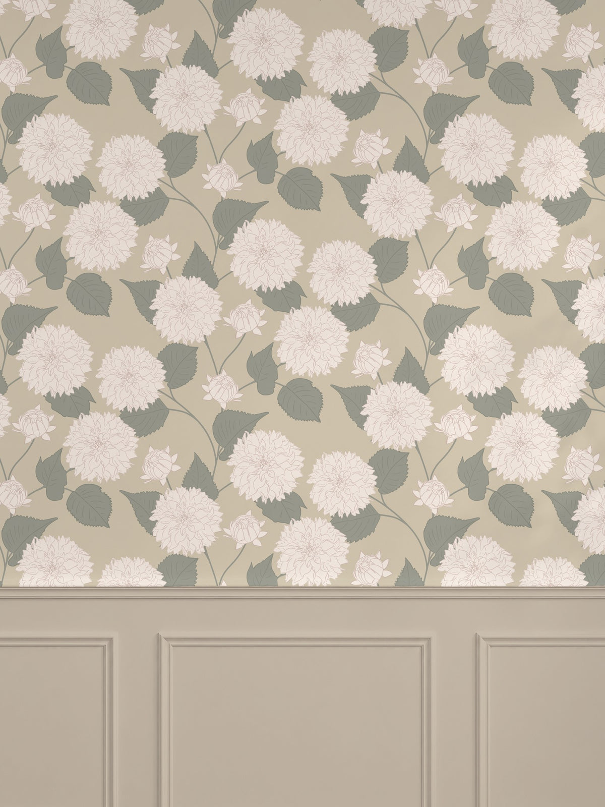 Dahlia Wheat wallpaper with floral pattern on muted background in elegant room setting.