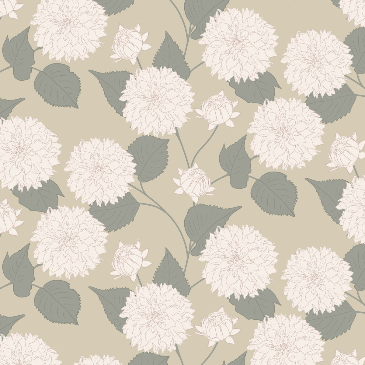 Dahlia Wheat wallpaper with floral pattern on muted wheat background
