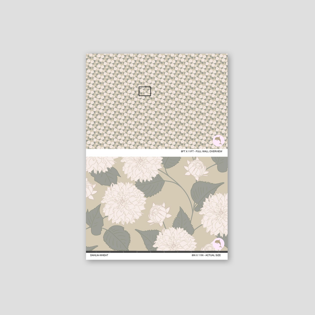 Dahlia Wheat floral wallpaper with muted wheat background and intricate blossoms.