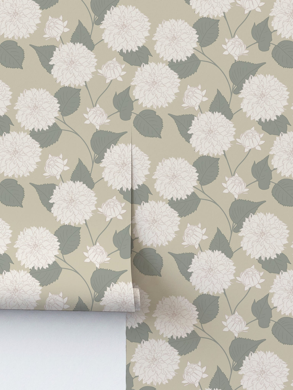 Dahlia Wheat wallpaper with floral pattern on muted wheat background.