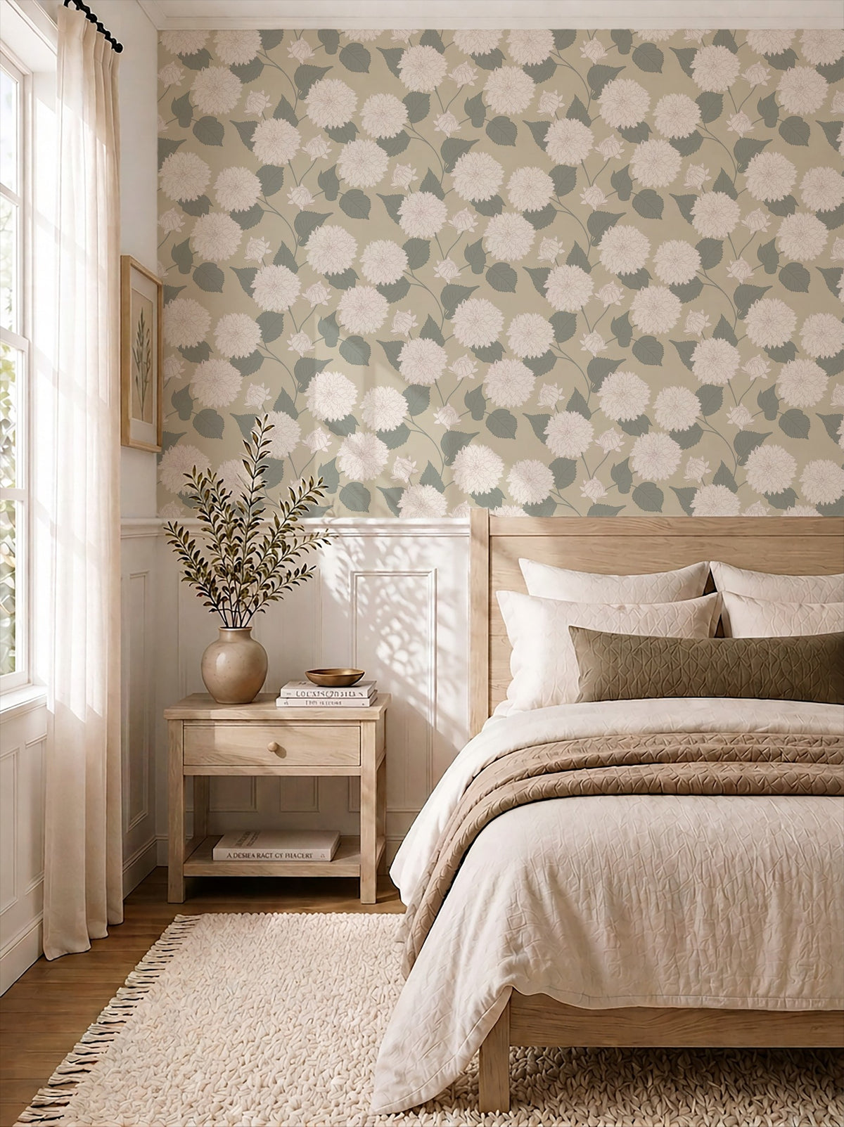 Dahlia Wheat floral wallpaper in serene bedroom with natural light and soft linens.