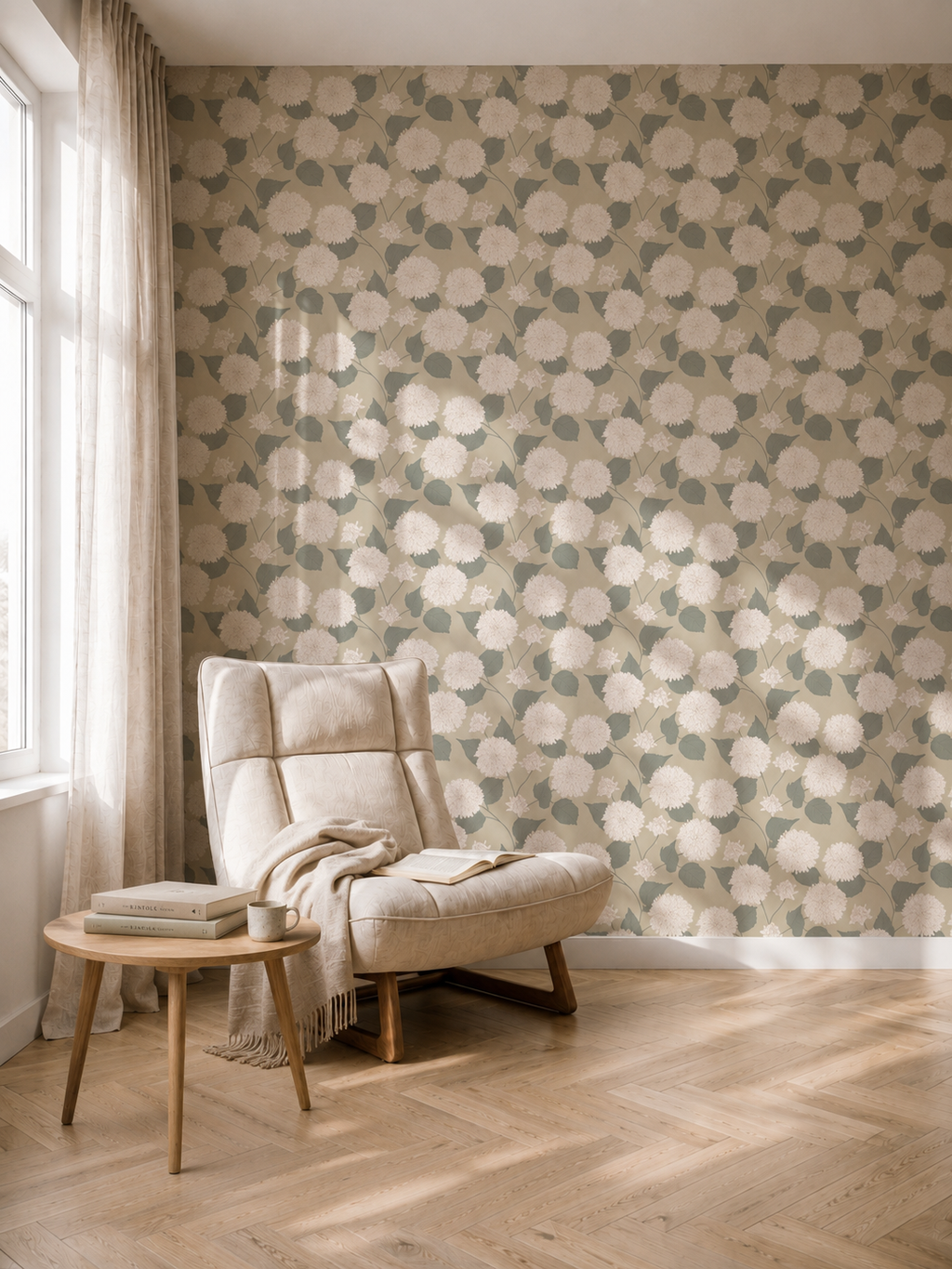 Dahlia Wheat floral wallpaper in a serene living room with a beige chair and natural light.
