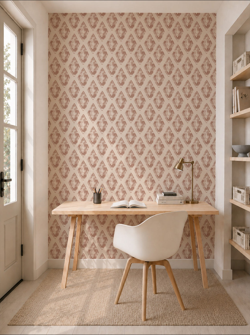 Diamond block print rose clay wallpaper in modern home office with desk and chair.