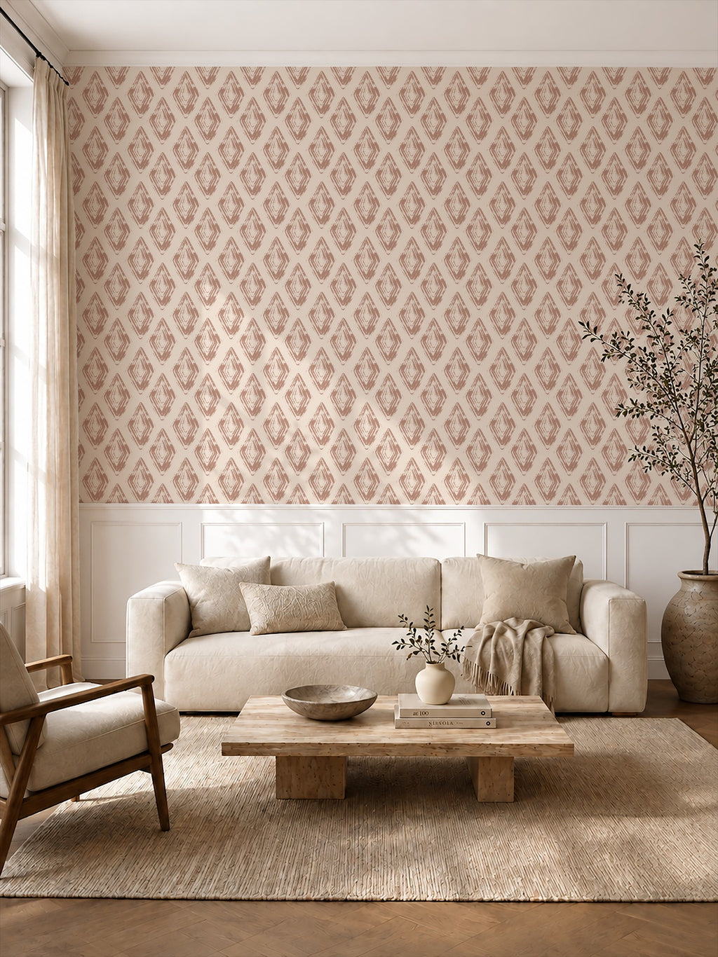 Diamond block print rose clay wallpaper in modern living room with beige sofa and wood accents.