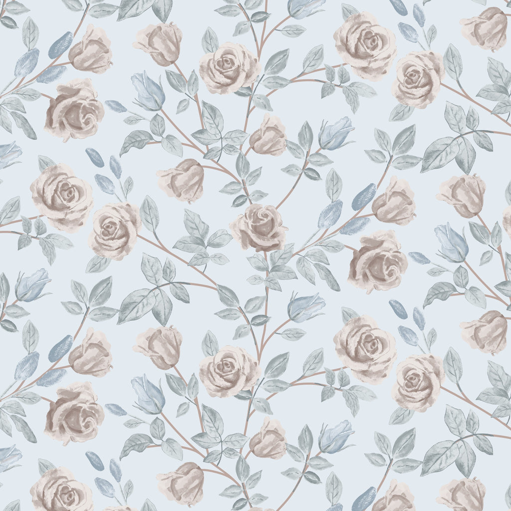Dusty blue wallpaper with blush roses and leaves, vintage floral pattern.