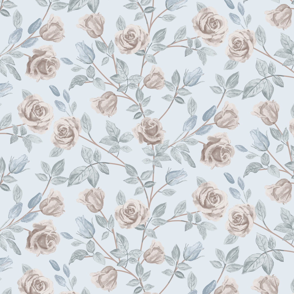 Dusty blue wallpaper with blush roses and leaves, vintage floral pattern.