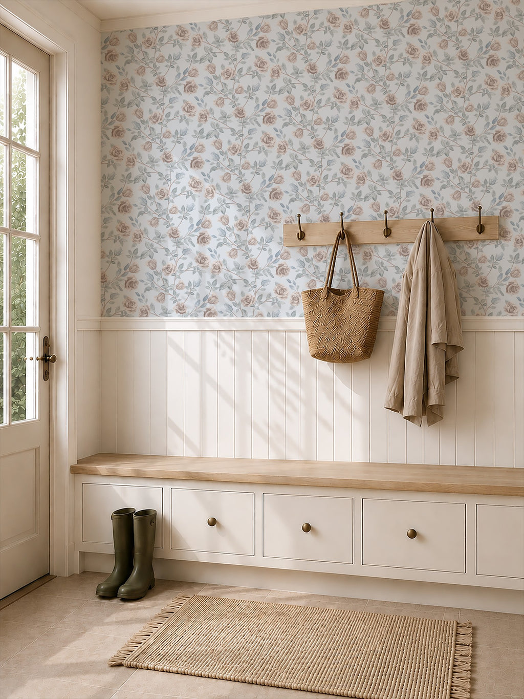 Dusty blue floral wallpaper with blush roses in a rustic entryway setting.