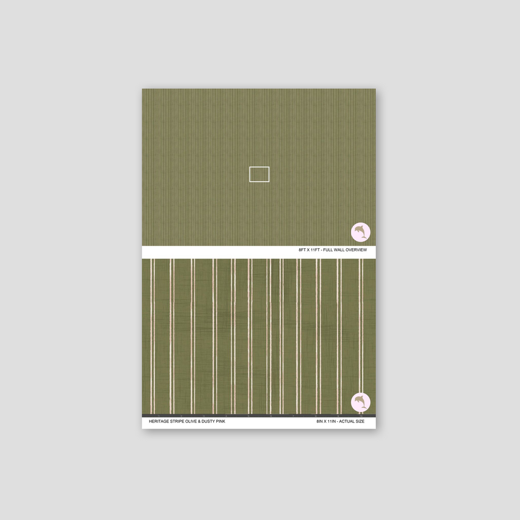 Heritage Stripe Olive & Dusty Pink wallpaper sample with vertical stripes.