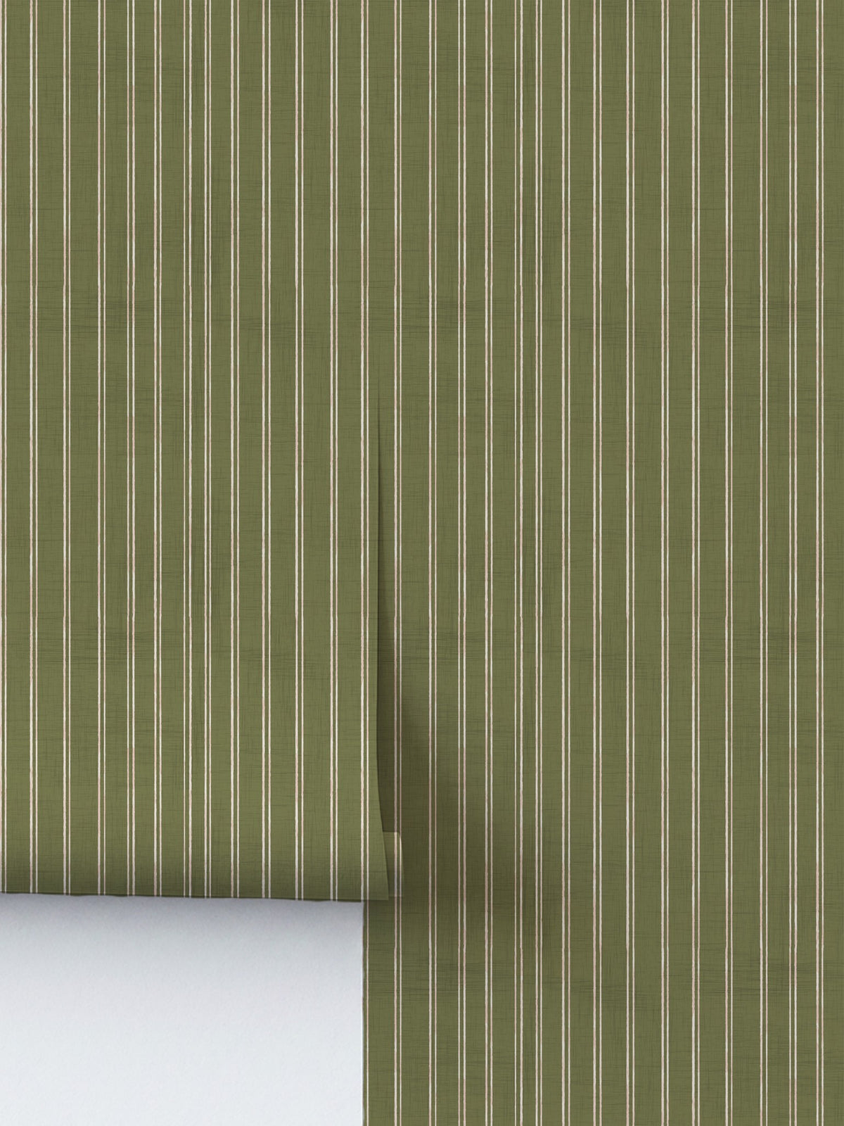 Olive and dusty pink striped wallpaper with ivory accents, textured pattern.
