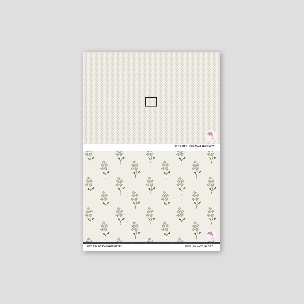 Little Blossom Sage Green wallpaper with delicate sage floral pattern on cream background.