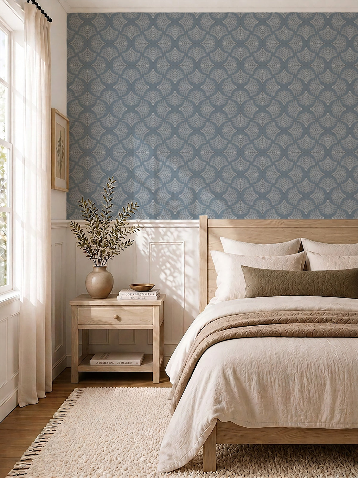 Moody blue palm fan wallpaper in elegant bedroom with beige bedding and wooden furniture.