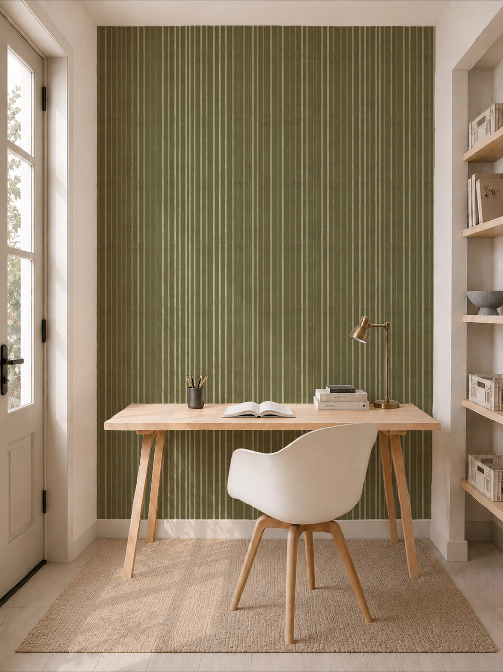 Olive and dusty pink striped wallpaper in modern home office with wooden desk and chair.