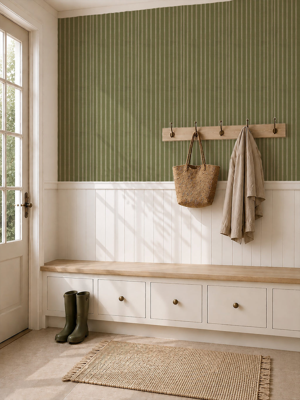 Olive and dusty pink striped wallpaper in a rustic entryway with wooden bench and coat hooks.