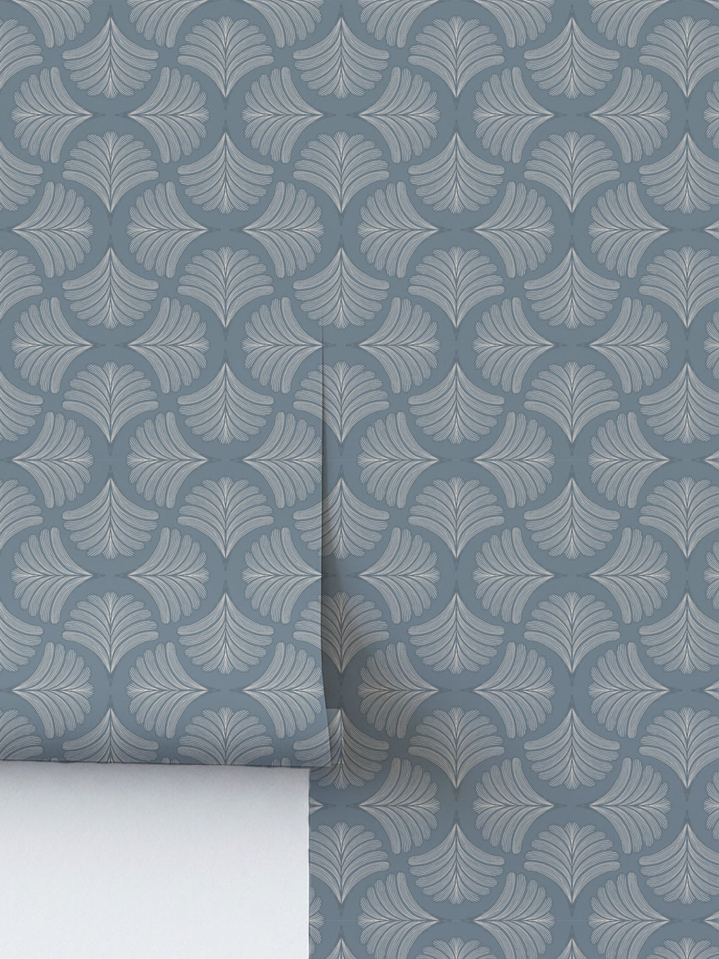 Palm fan motif wallpaper in moody blue with elegant geometric pattern.