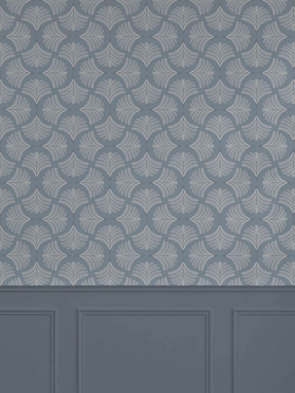 Moody blue wallpaper with intricate palm fan pattern in elegant room setting.