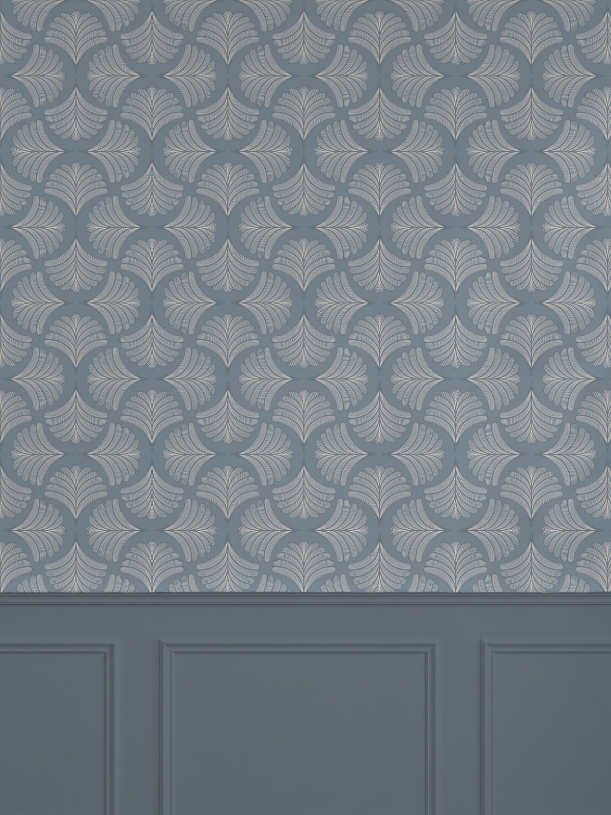 Moody blue wallpaper with intricate palm fan pattern in elegant room setting.