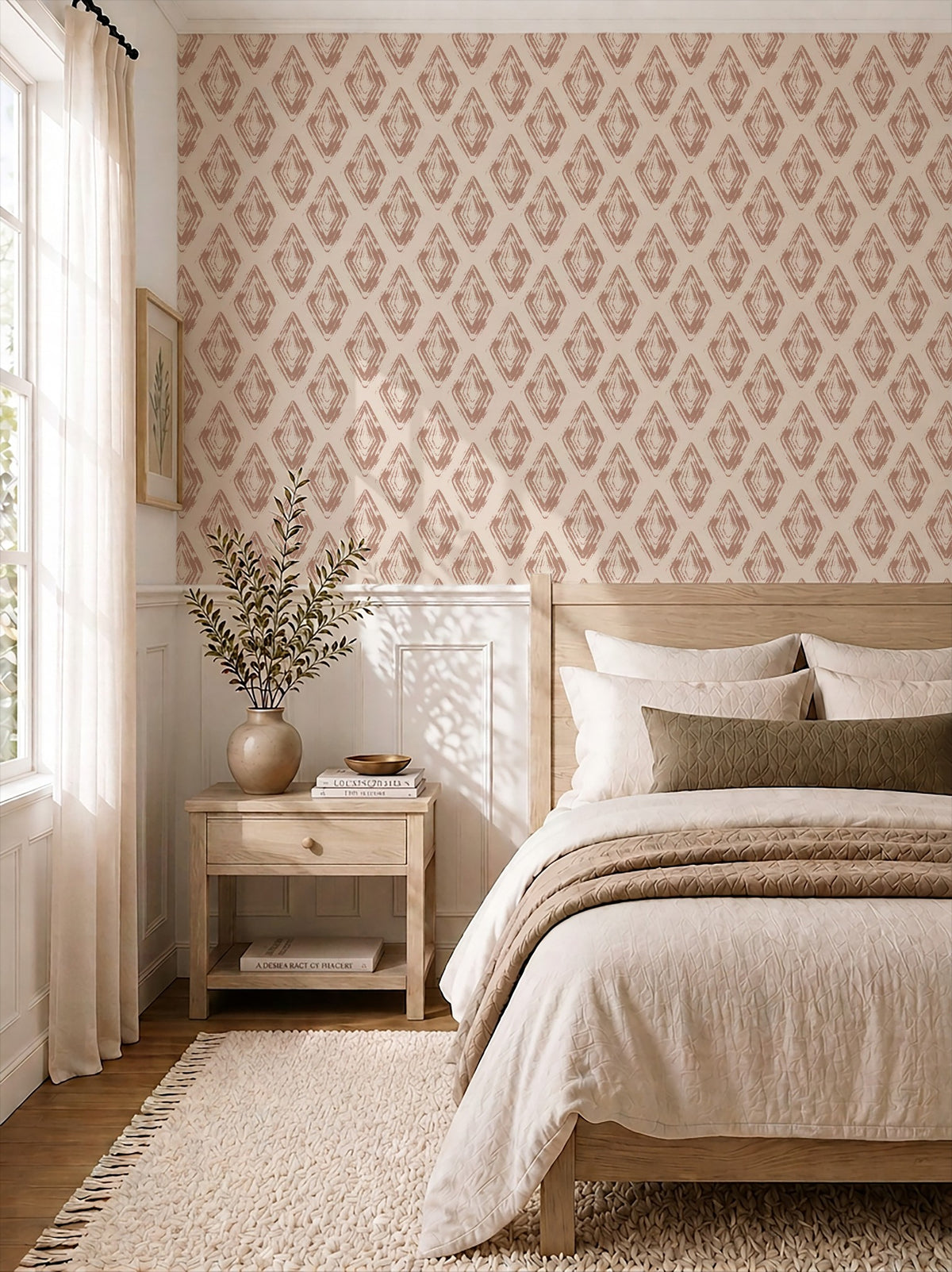 Rose clay diamond block print wallpaper in a cozy bedroom with natural wood furniture.