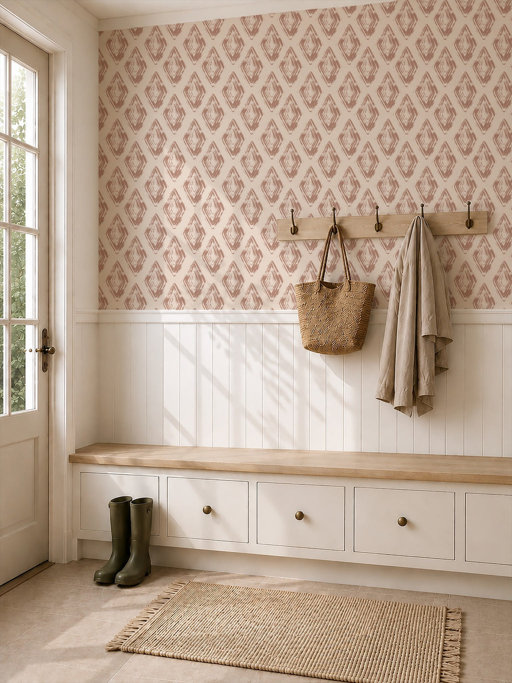 Entryway with rose clay diamond block print wallpaper and wood accents.