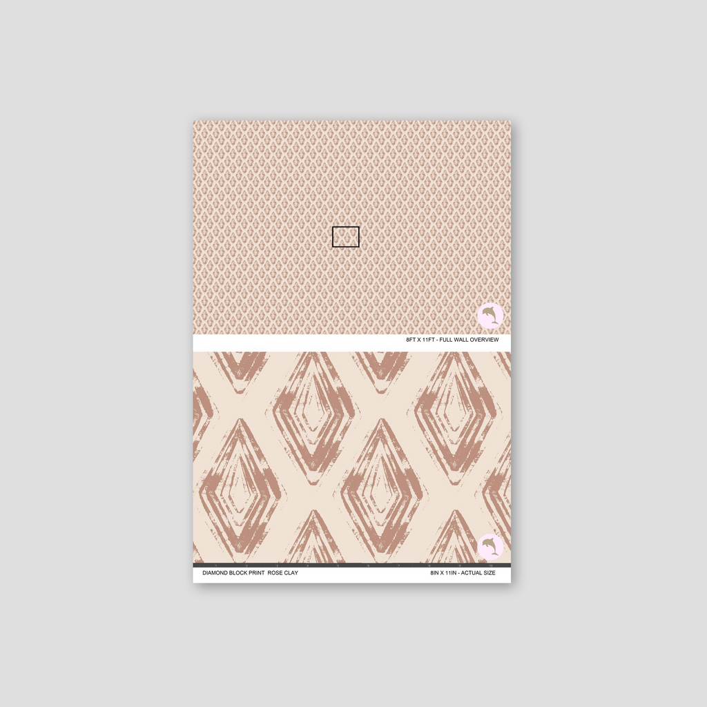 Rose clay diamond block print wallpaper sample with geometric pattern.