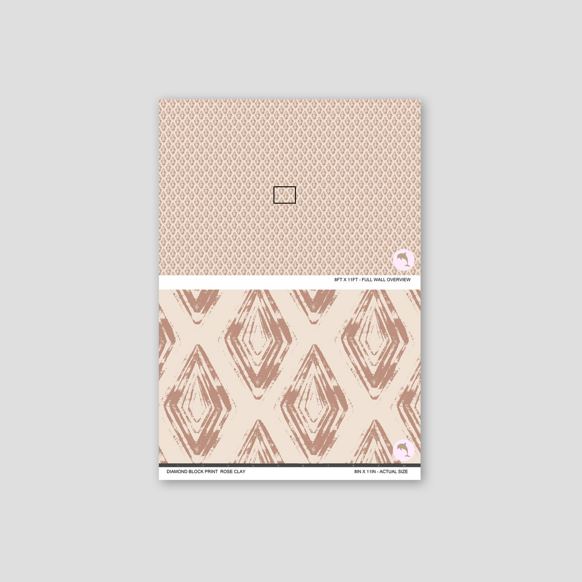 Rose clay diamond block print wallpaper sample with geometric pattern.