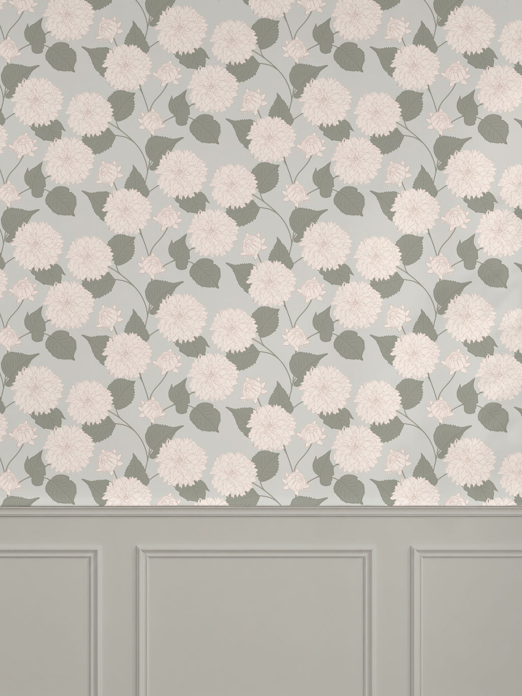 Sage wallpaper with cream and blush dahlia floral pattern in elegant room setting.