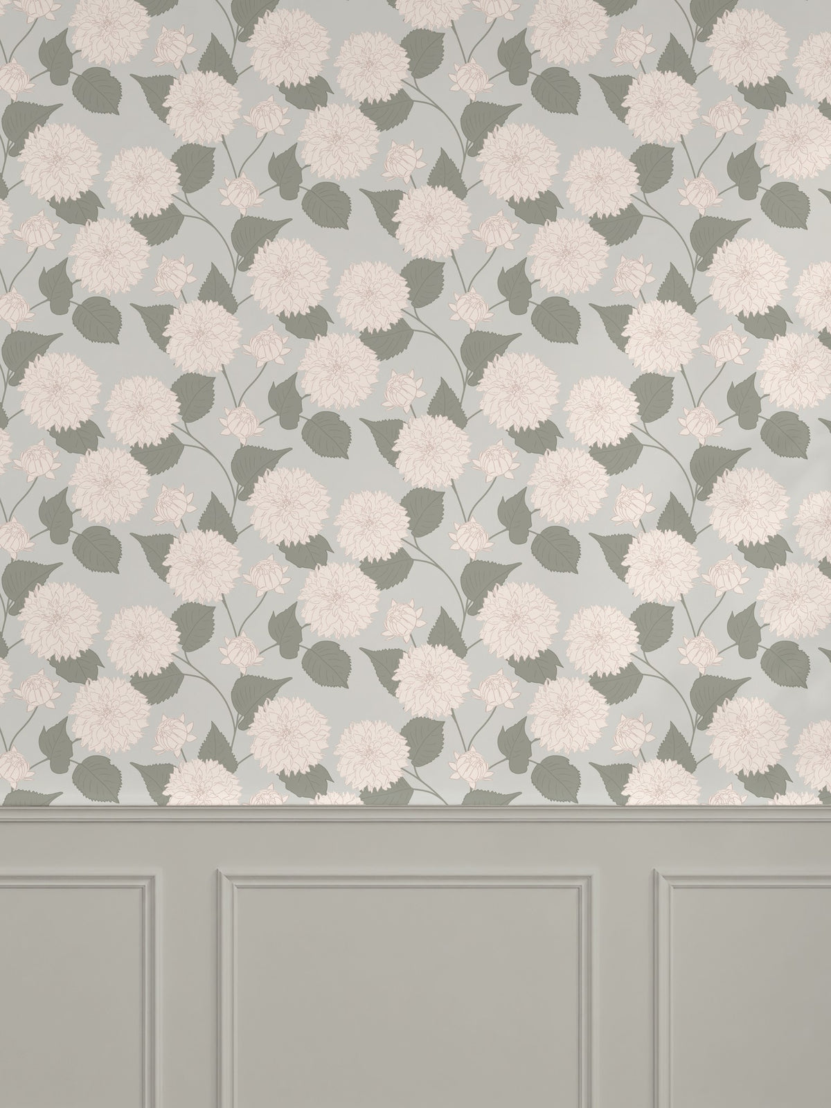Sage wallpaper with cream and blush dahlia floral pattern in elegant room setting.