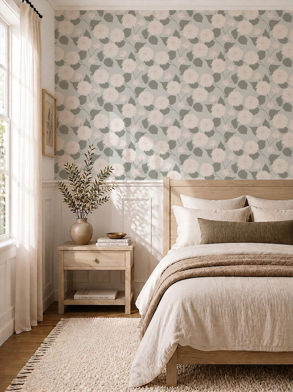 Sage green floral dahlia wallpaper in a cozy bedroom with neutral decor.