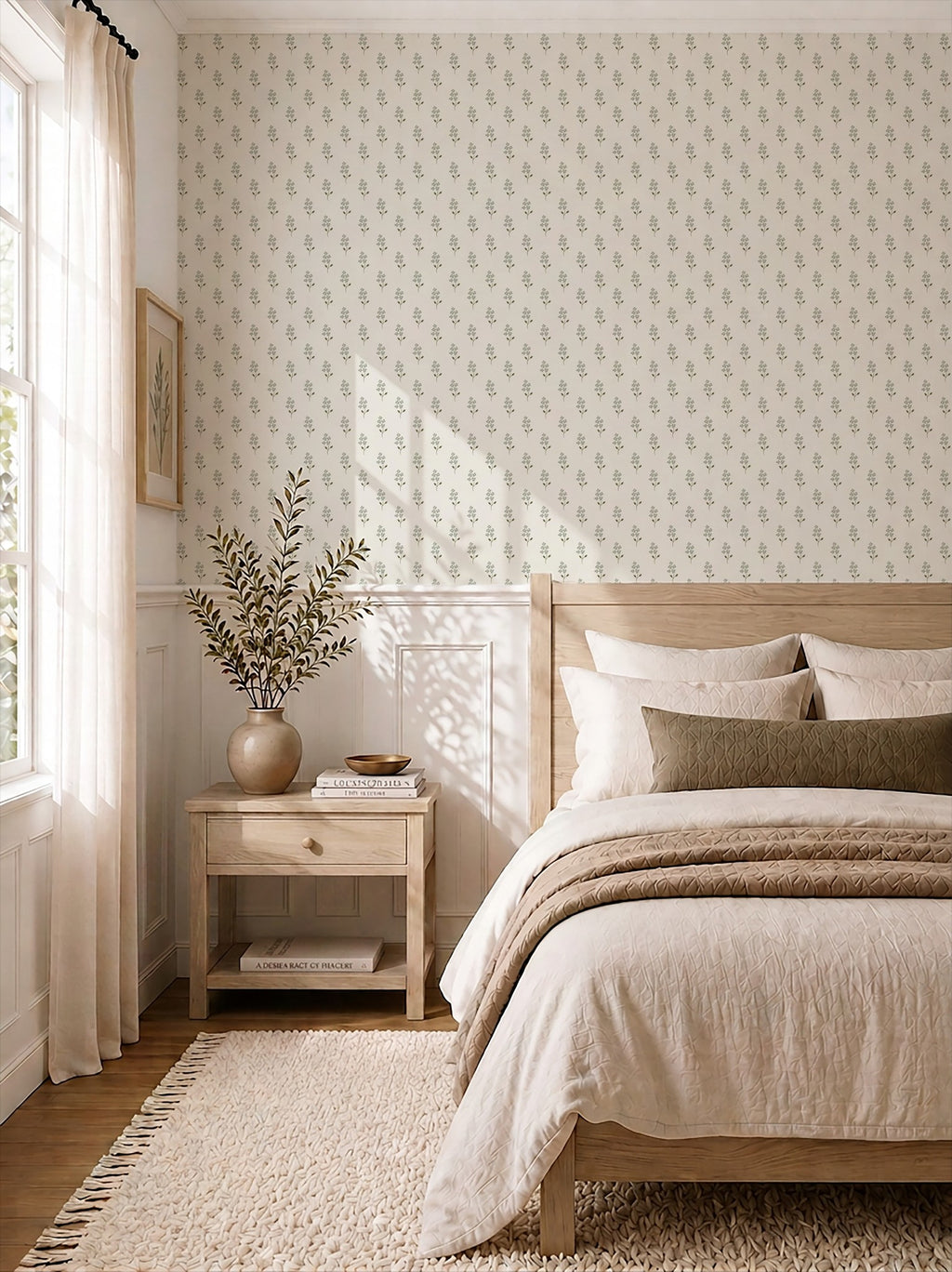 Sage green floral wallpaper in a cozy bedroom with light wood furniture.