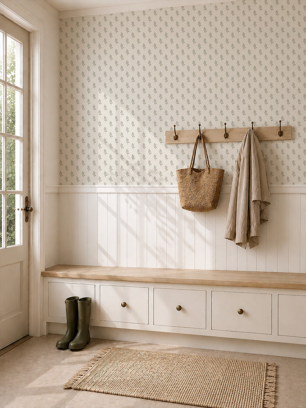 Sage green floral wallpaper in a cozy entryway with bench and coat hooks.
