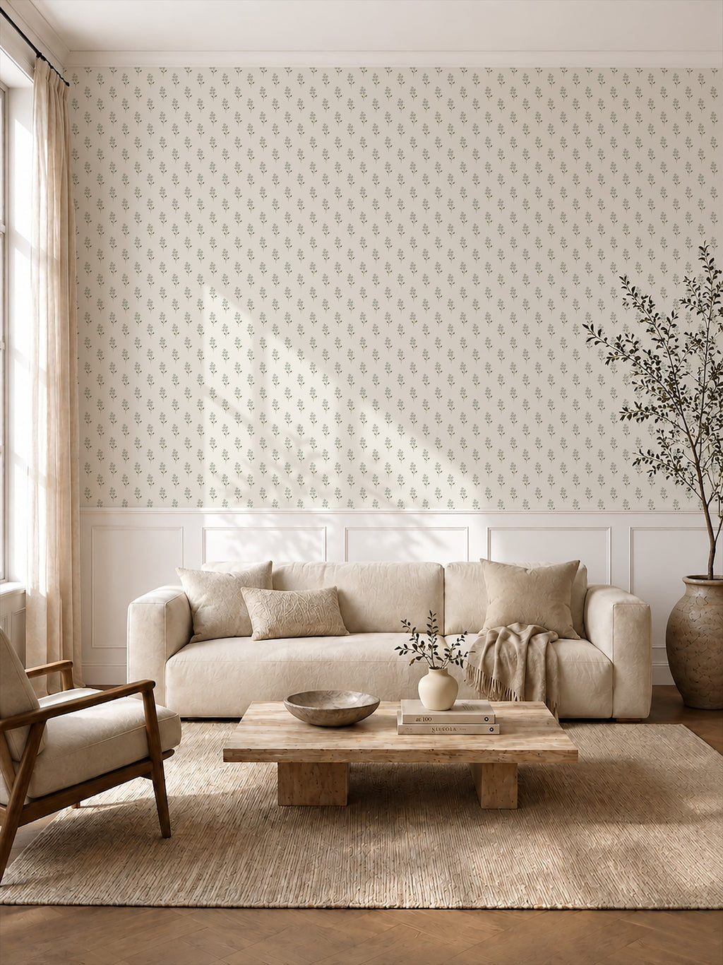Sage green floral wallpaper in a cozy living room with beige sofa and wooden decor.