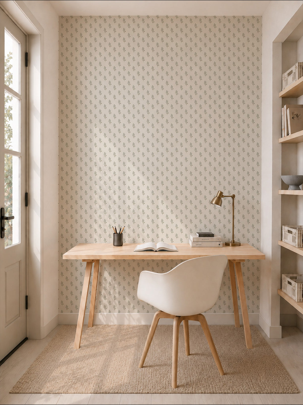 Sage green floral wallpaper in a cozy home office with a wooden desk and white chair.