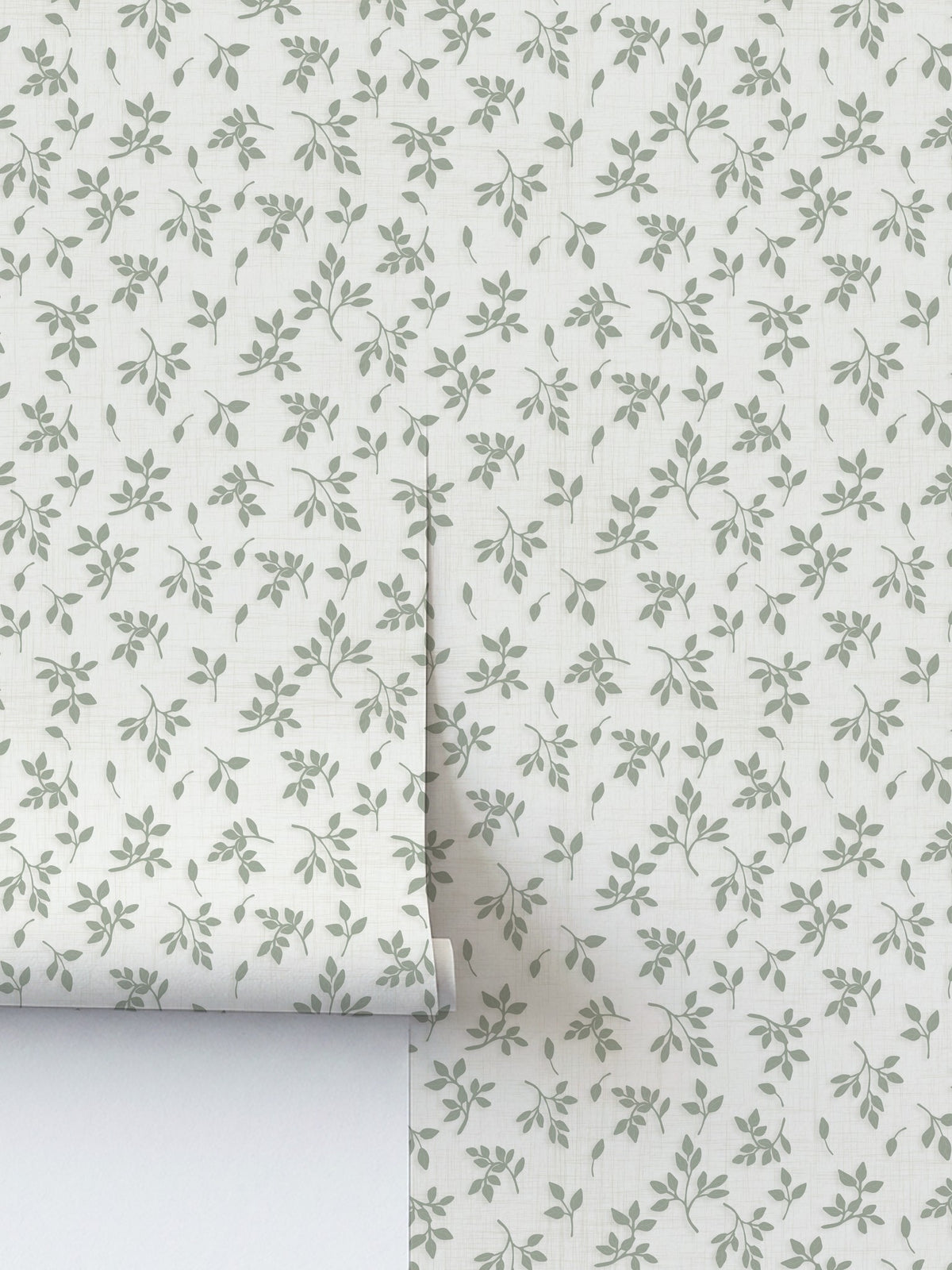Sage green leaf sprig wallpaper on off-white background, delicate and elegant.