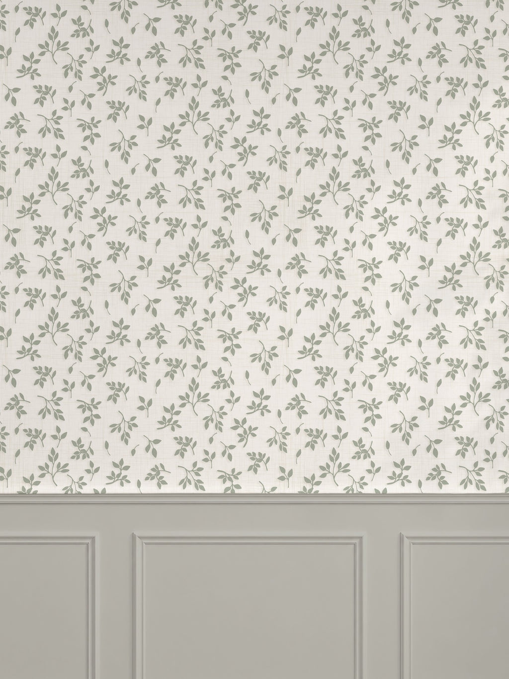 Sage green leaf sprig wallpaper on off-white background above gray wainscoting.