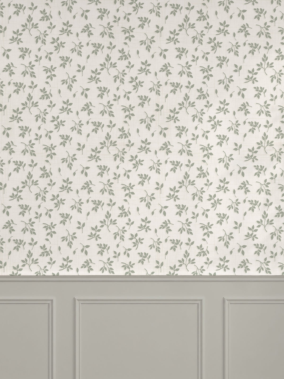 Sage green leaf sprig wallpaper on off-white background above gray wainscoting.