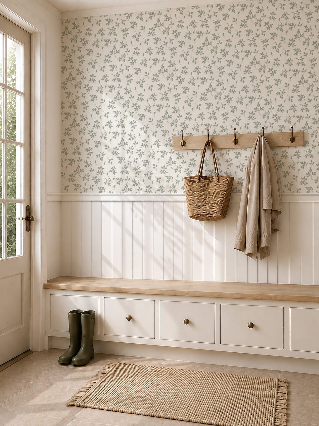 Sage green leaf sprig wallpaper in a rustic entryway with bench and coat hooks.
