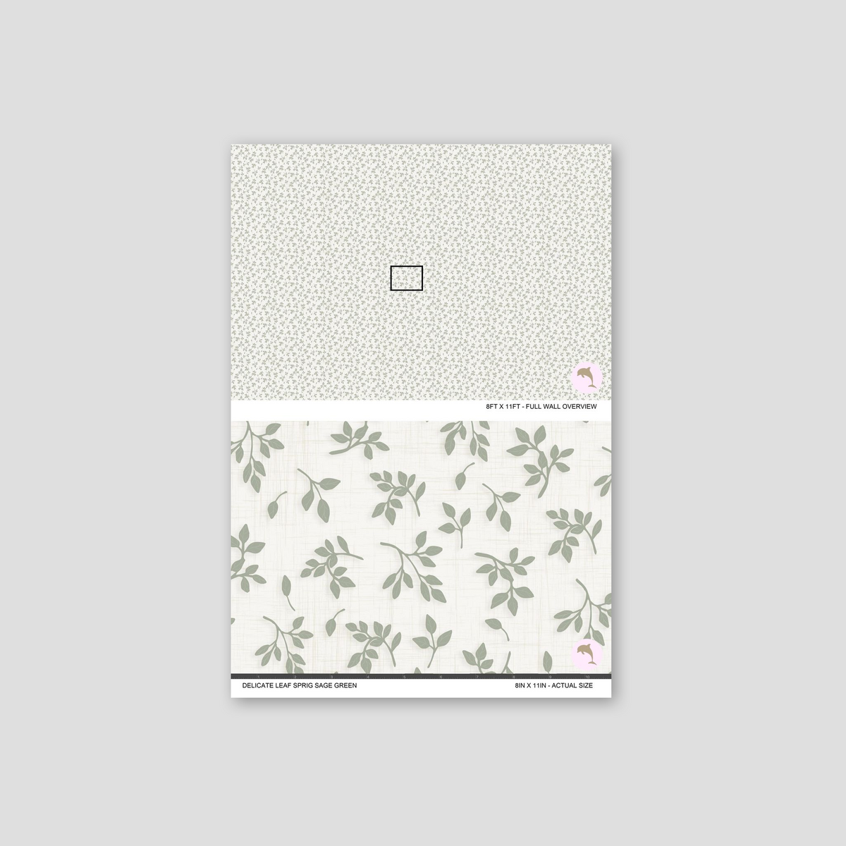 Sage green leaf sprig wallpaper sample on off-white background.