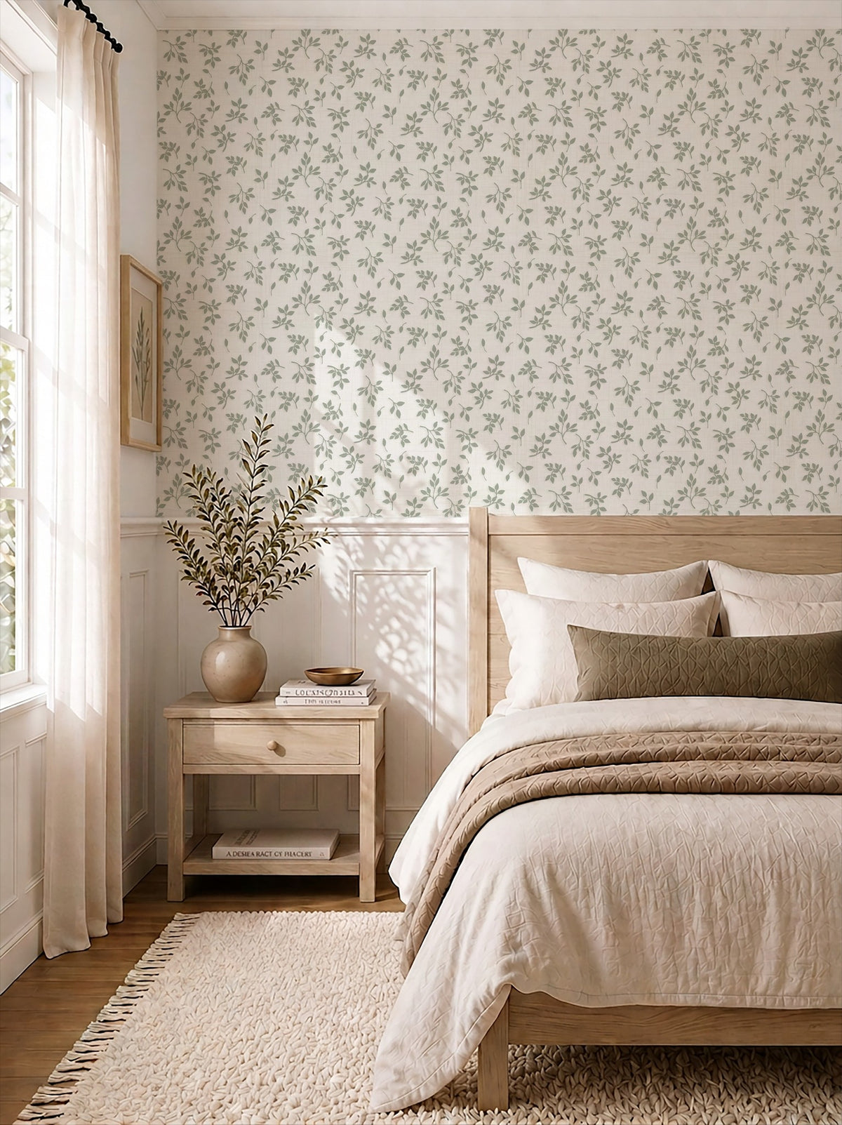 Sage green leaf sprig wallpaper in a serene bedroom with natural wood furnishings.