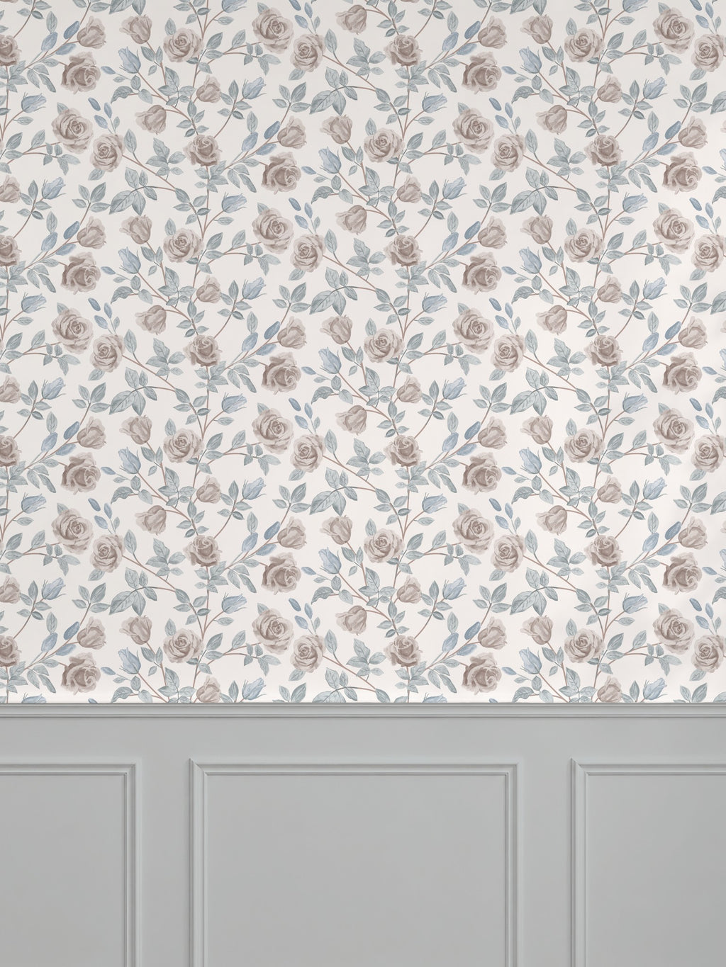 Vintage rose cream floral wallpaper with muted roses and leaves in a classic room setting.