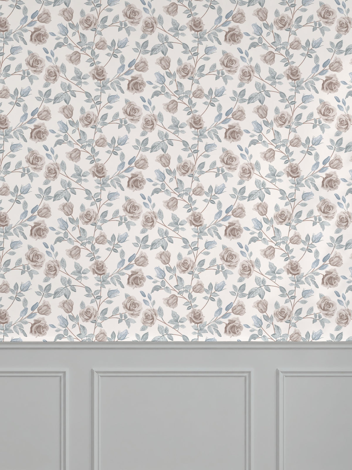 Vintage rose cream floral wallpaper with muted roses and leaves in a classic room setting.