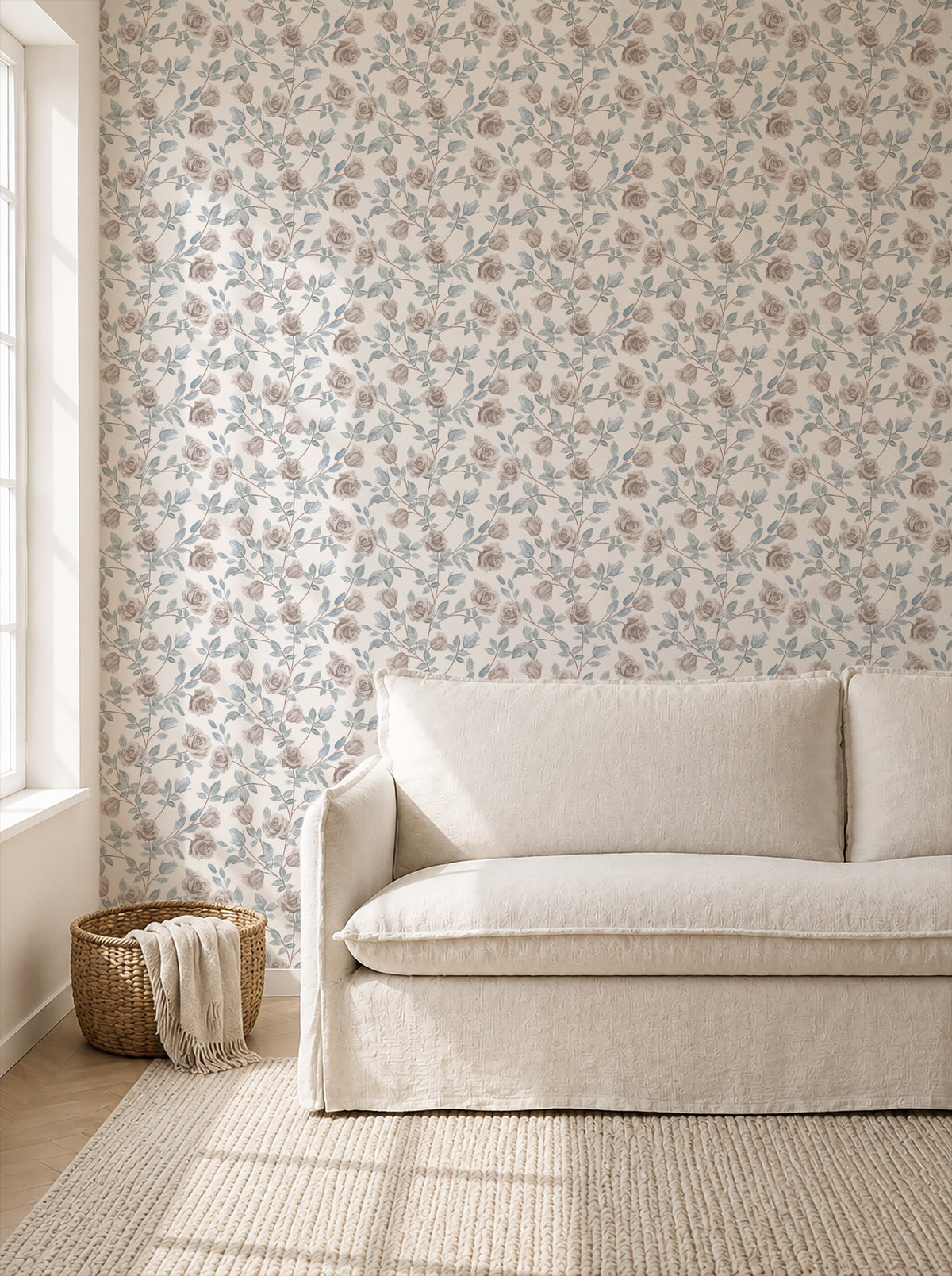 Vintage rose cream floral wallpaper in cozy living room with beige sofa.