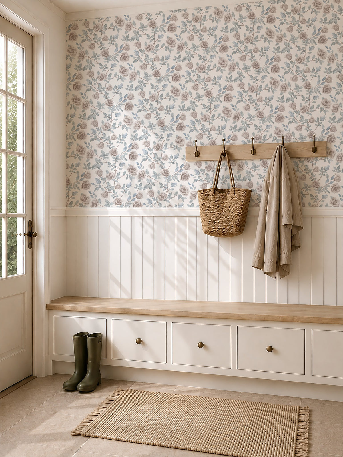 Vintage rose cream wallpaper in cozy mudroom with bench and coat hooks.