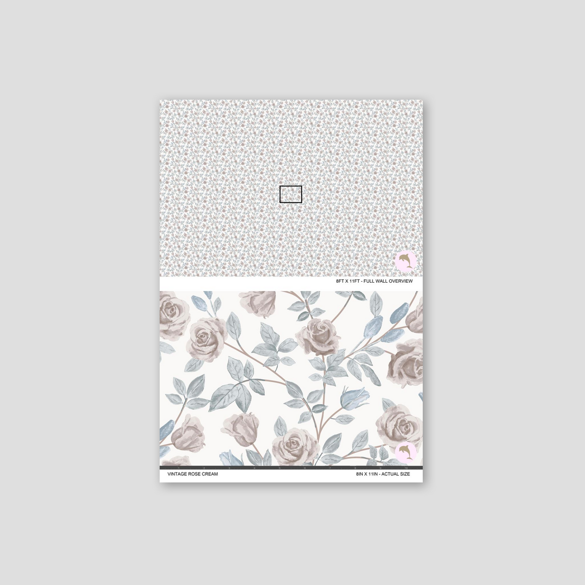 Vintage rose cream wallpaper with muted dusty cream roses and blue leaves on a subtle backdrop.