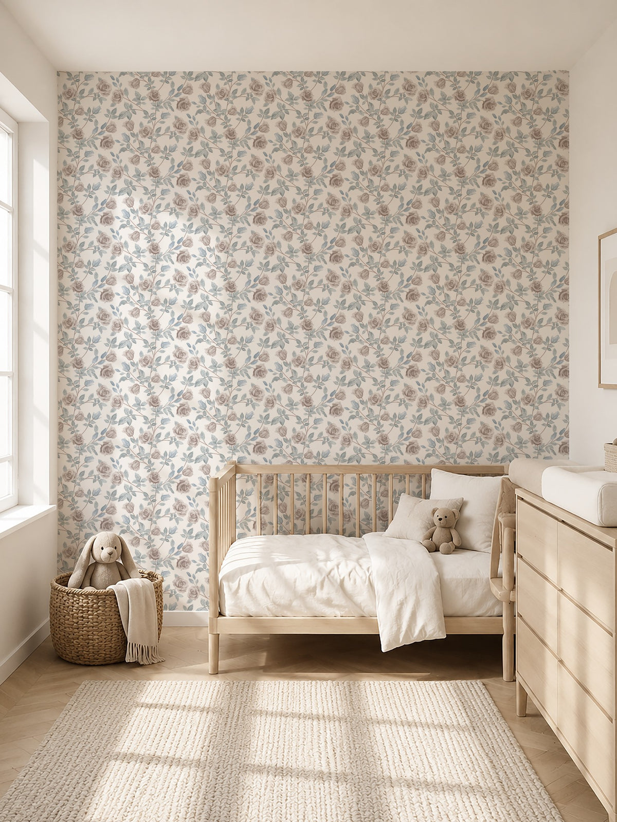 Vintage rose cream wallpaper in a serene nursery with wooden furniture and soft lighting.